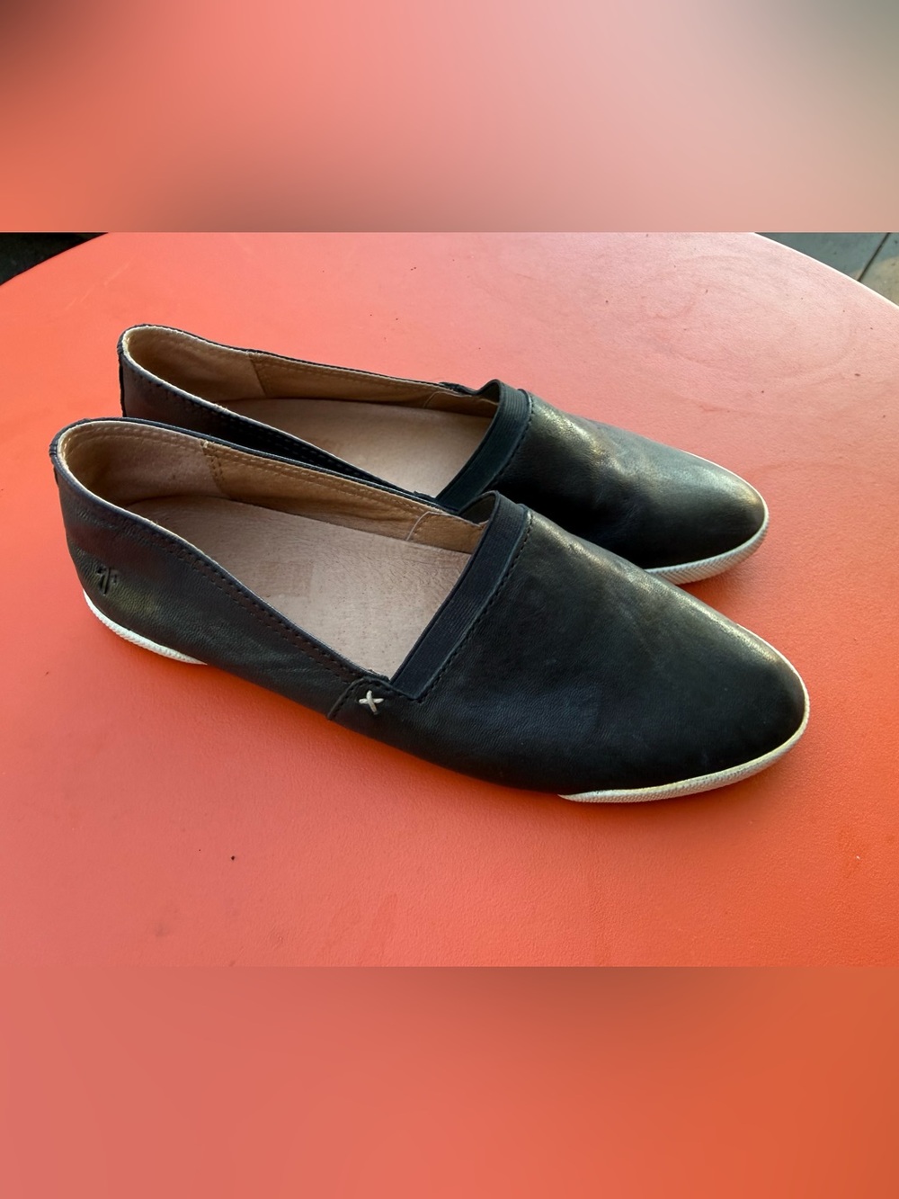 Frye Black Leather Slip-On Flats with White Trim - Picture 5 of 11